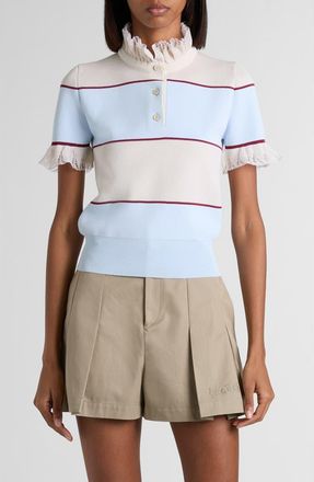 Alexander McQueen Lace Ruffle Stripe Polo in Shir Blue/Ivory/Bord at Nordstrom, Size X-Small
