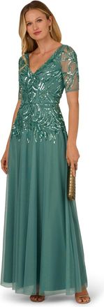 Adrianna Papell Womens Studio Beaded Mesh Long Dress - Green - Size 8 UK