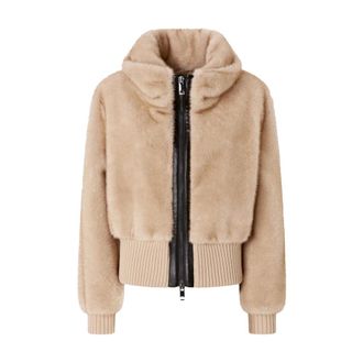Pinko Faux Fur & Shearling Jackets, female, Beige, Size: S Beige Faux Fur Bomber Jacket Aw25