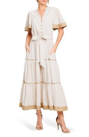 Flying Tomato Stripe Short Sleeve Midi Shirtdress in Taupe White Stripe at Nordstrom Rack, Size Medium