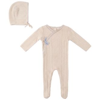 Fragile Boy Lace Textured Cotton Wrap Romper with Bonnet in Natural/blue at Nordstrom, Size 1M