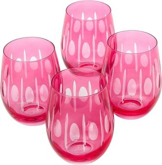 Two's Company Set Of 4 Sparkling Cut Hand-Engraved Stemless Wine Glasses