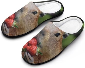 Generic Capybara Eating Strawberry Mens House Slippers Memory Foam Washable Cotton Slip on Home Shoes
