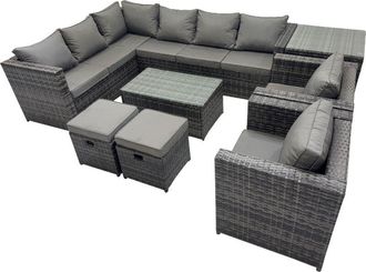 Fimous Fimous Outdoor Rattan Rectangular Coffee Table Corner Sofa Sets Garden Furniture Set with 2 Chairs 2 Small Stools Side Table Dark Grey Mixed