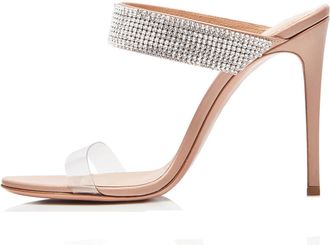 Generic Brown,3.5 UK,Womens Rhinestone Sandals Peep Open Toe Stiletto High Heels Two Strap Slip On Pumps Summer Backless Party Wedding Dress Mules Shoes