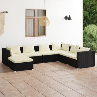 vidaXL Set De Muebles De Jard&iacute;n 7 Pzas Y Cojines Rat&aacute;n Sint&eacute;tico Negro Vidaxl