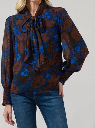 Sugarlips Lebanon Floral Etienne Tie Neck Long Sleeve Blouse In Brown Blue Lebanon