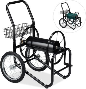 Relaxdays Carro Para Manguera De Regar, Carrete Port&aacute;til Para Jard&iacute;n, Con 2 Ruedas, Hasta 90 M, Metal, 1 Ud., Negro - Relaxdays