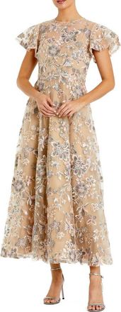 Mac Duggal Womens Embroidered Floral Mesh A-Line Midi Dress in Nude at Nordstrom, Size 14