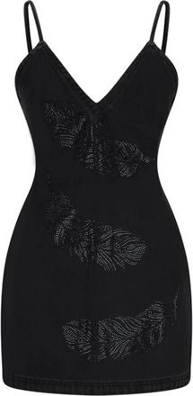 DAVID KOMA Short Dresses, female, Black, Size: 2XS Feather Embellished Denim Mini Dress