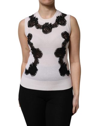 Dolce & Gabbana Womens White Cashmere Floral Lace Detailing Tank Top Silk Cotton Nylon