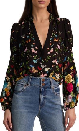 Alice & Olivia Helen Floral Top in Solar Strength Black at Nordstrom, Size X-Large