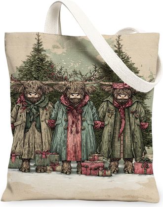 Generic Christmas Animal Canvas Tote Bags, Vintage Animal Print Reusable Grocery Bags, Winter Rustic Lightweight Washable Shoulder, Beige, 13x15 Inch