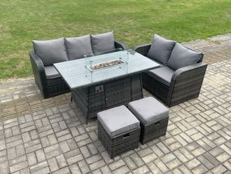 Fimous PE Wicker Outdoor Rattan Garden Furniture Set Propane Gas Fire Pit Table & Sofa set with 2 Small Footstools in Dark Grey