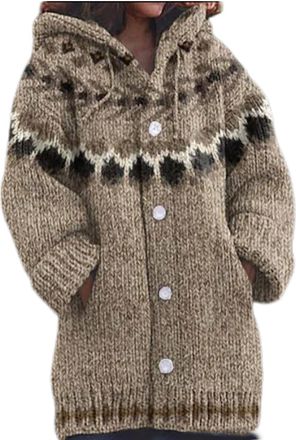 Generic Womens Hoodies Knitted Sweater Thick Long Sleeve Button Plus Size Cardigan 3D Printed Simple Pattern Long Coat with Pockets Winter Christmas Overcoat 