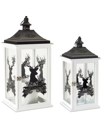 Melrose International Wood Merry Christmas Lantern With Deer Design