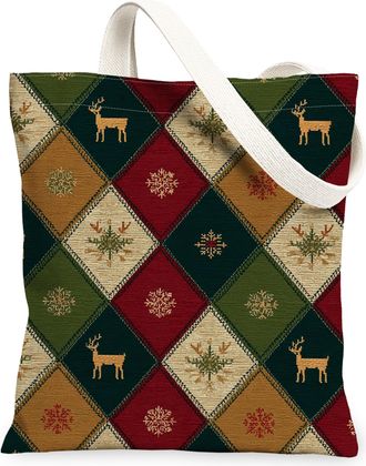 Generic Christmas Deer Canvas Tote Bags, Festive Pattern Reusable Grocery Bags, Winter Lightweight Washable Shoulder Strap Canvas F, Multicolor, 13x15 Inch