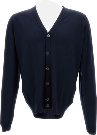 John Smedley Blue Midnight Merino Wool Cardigan With V-Neck And Button Closure
