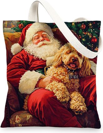 Generic Christmas Golden Doodle Dog Canvas Tote Bag for Shopping 13x15, Xmas Santa Puppy Reusable Grocery Print Pattern Bag for Women Men, Pet New Year Aesthe