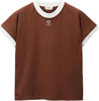 Versace Slim T-shirt van stretchkatoen met geborduurd logo - Heren - T-shirts - Bruin - XL - Katoen - Tops