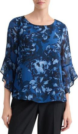 Kasper Floral Print Bell Sleeve Top in Blue Night Multi at Nordstrom, Size X-Small
