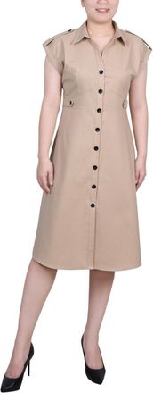 NY Collection Ny Collection Button Front Dress Womens L Beige Linen-Blend Sleeveless FTS1466