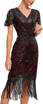Generic 20s Dress Womens Gatsby 1920s Dresses Fringe Dress Green Gold Flapper Dress Short Charleston Costume Sequin Dress Short Sleeve Fringe Carnival, red, M