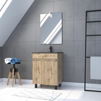 Aurlane Aurlane - Mueble De Ba&ntilde;o 60cm - Puertas Acabado Roble - Lavabo Negro + Espejo Led - Timber 60 - Pack19