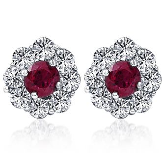 Pompeii3 2 1/2ct Genuine Ruby & Diamond Halo Studs Earrings 14K White Gold