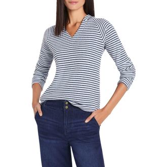 Nic+Zoe Stripe Thermal Split Neck Long Sleeve Top in Blue Multi at Nordstrom, Size Small