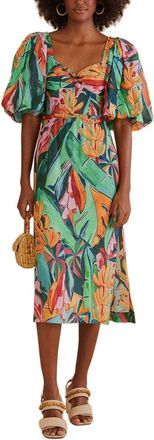 Farm Rio Farm Rio Banana Foliage Multicolor Puffed Sleeve Midi Dress