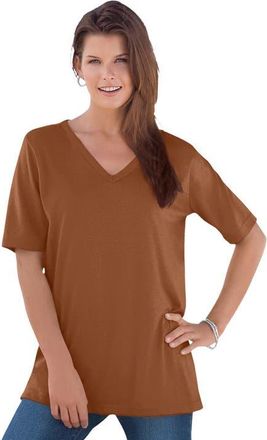 Roaman's Plus Size Cotton Ultimate V Neck Tee in Cognac at Nordstrom, Size Medium