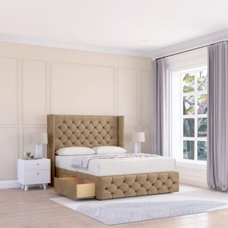 Sloomy Luthor Naples Wingback Bed Set, No Drawers & 54 Floor Standing Headboard in Light Brown | Size: Single