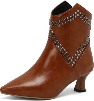 Generic Womens Studded Mid-Calf Cowboy Boots,Kitten Heel Western Style,Comfortable and Stylish,Brown,6.5 UK