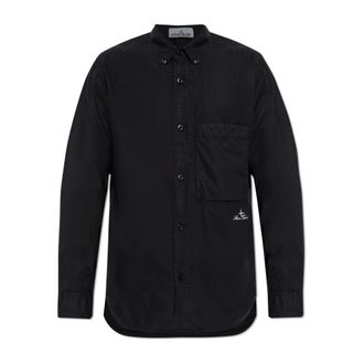 Stone Island Shirt met Geborduurd Logo - Heren - Casual Overhemden - Zwart - S - Katoen - Overhemden
