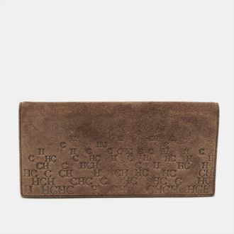 Carolina Herrera Brown Monogram Suede Long Wallet