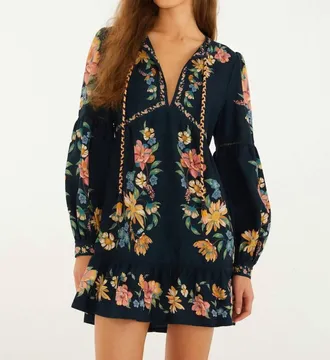 Farm Rio Maira Floral Mini Dress In Dark Blue