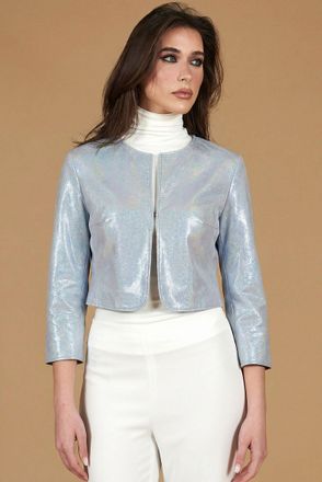 D'Arienzo Giacca corta bolero in pelle laminata viola chiaro girocollo DArienzo, Seleziona Taglia XS, Colore Viola