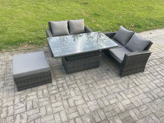 Fimous 4 Pieces Garden Furniture Sets Rattan Outdoor Patio Height Adjustable Rising Lifting Table Sofa Dining Set in Dark Grey