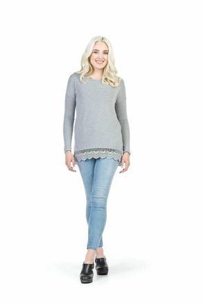 Papillon Lace Trim High Low Sweater In Heather Grey
