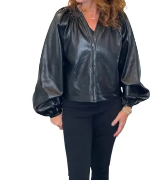 Dolce Cabo Vegan Leather Button Down Peasant Top In Black