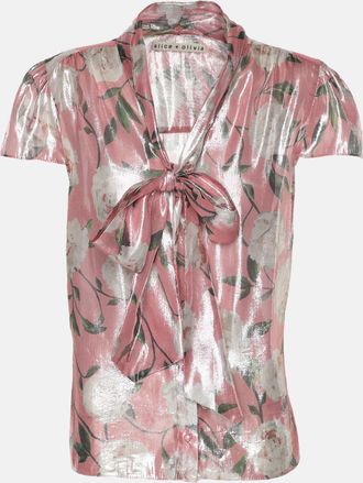 Alice & Olivia Alice + Olivia Metallic Pink Flora Print Lurex Knit Neck Tie Top