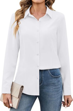 Zeagoo Womens Shirt Business Office Blouses Long Sleeve Regular Fit Shirts Plain Work Tops Stretch Button Down Shirts for Ladies White XL
