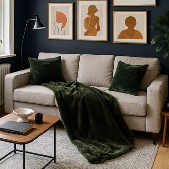 Alo Home Manta imitaci&oacute;n piel de pelo corto verde oscuro 2 texturas 130x170 cm