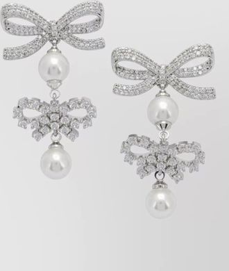 Self Portrait crystal-embellished double bow pearl drop earrings