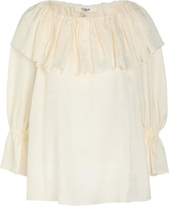 Chlo&eacute; Floral Jacquard Ruffled Silk Blouse - Off White - 38 (UK10 / S)