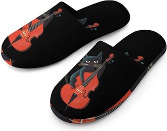 Generic Black Cat Playing Violoncello Mens House Slippers Slip Indoor Slipper On Shoes Warm Outdoor