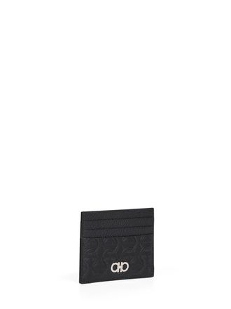 Ferragamo Mens Credit Card Holder Gancini Black Calf Leather Wallets & Cardholders