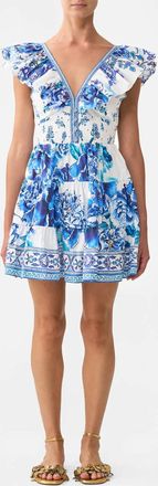 Camilla Tiered Short With Neck Frill Dress In Ceramic Garden