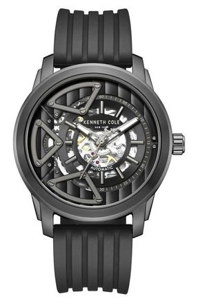 Kenneth Cole Skeleton Black Automatic Silicone Strap Watch, 44mm at Nordstrom